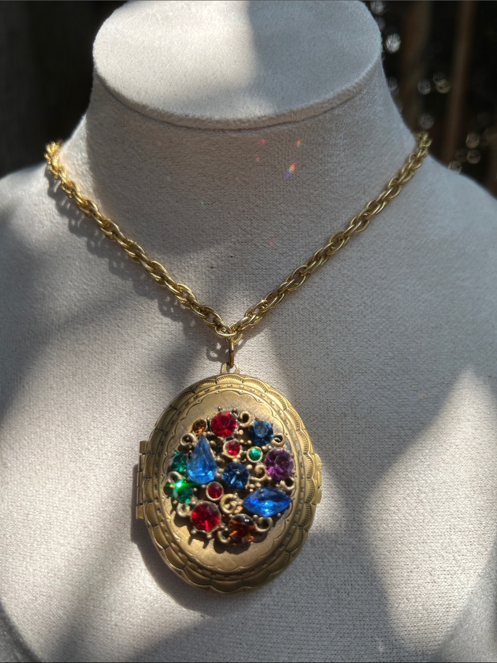 Mid-20th Century Gold-toned Oval Shape Colorful Glass Locket